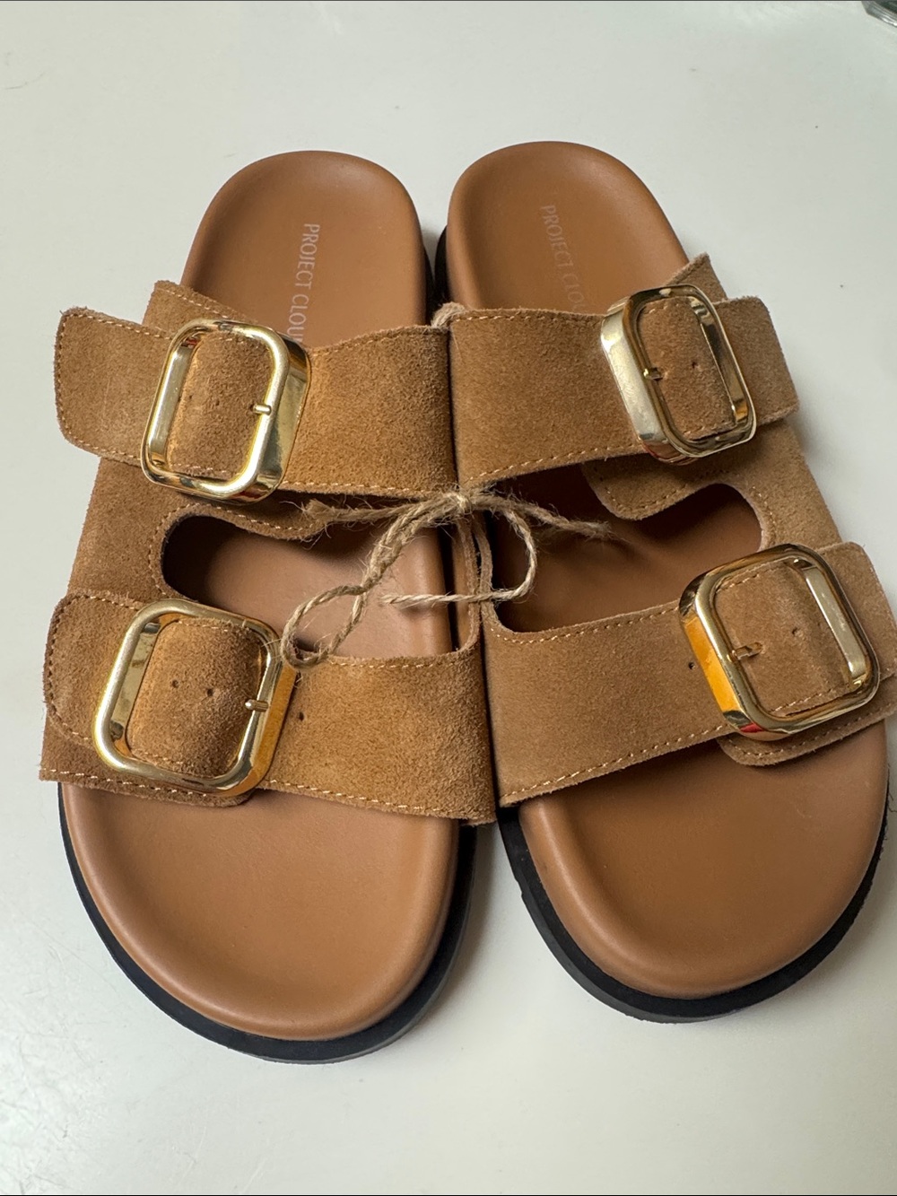 New Projected Cloud Suede Double-Buckle Slide Sandals in Tan